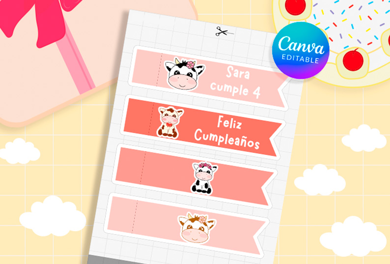 Se muestra una hoja a4 con 4 diseños de banderines para recortar con dibujos de vaca.