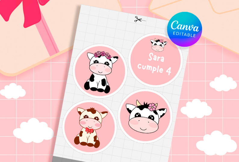 Se muestra la ilustración de una hoja a4 con 4 diseños de formas redondas para recortar con dibujos de vaca.