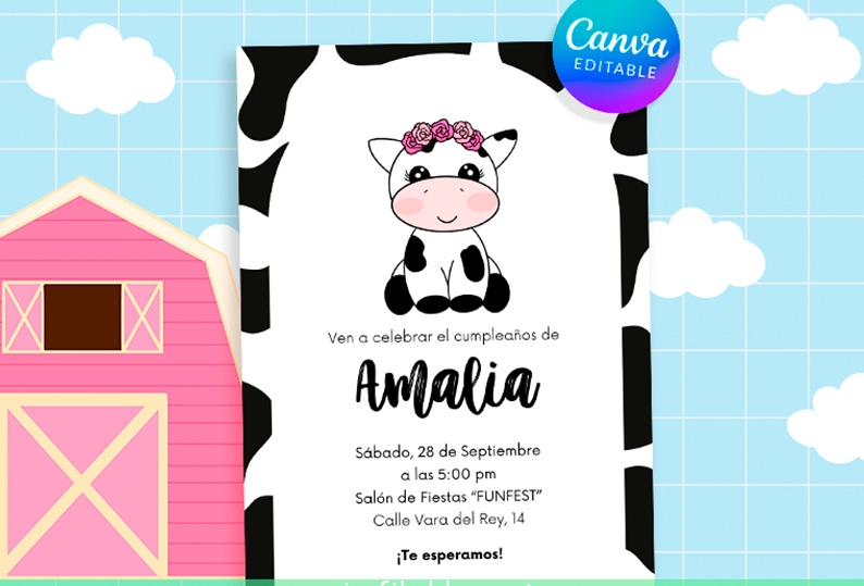 Se muestra una tarjeta de invitación de cumpleaños con dibujo de vaca para editar