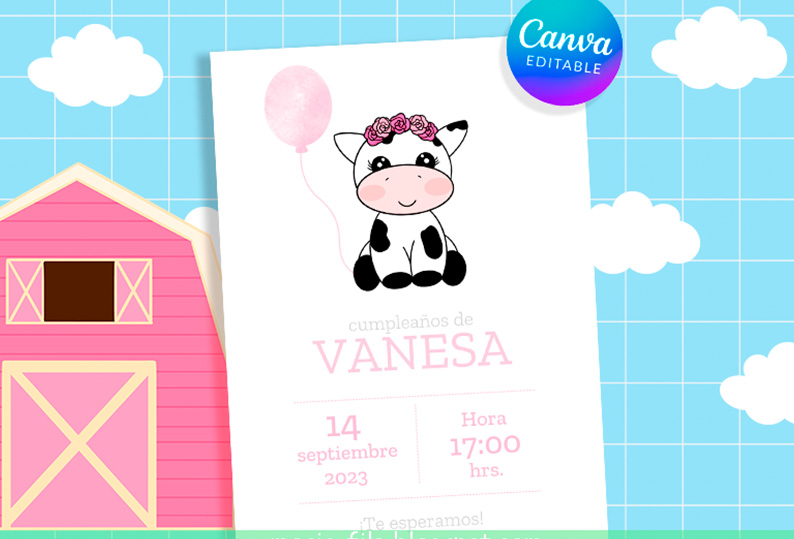 Se muestra una tarjeta de invitación de cumpleaños con dibujo de vaca para editar