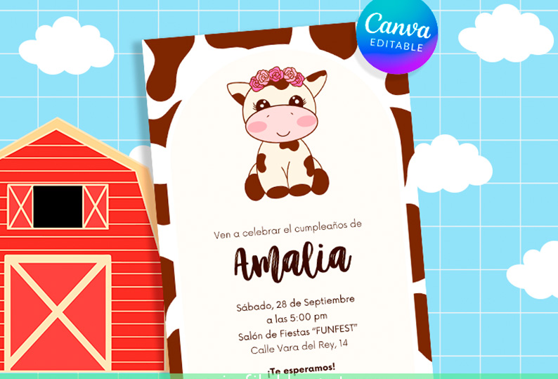 Se muestra una tarjeta de invitación de cumpleaños con dibujo de vaca para editar