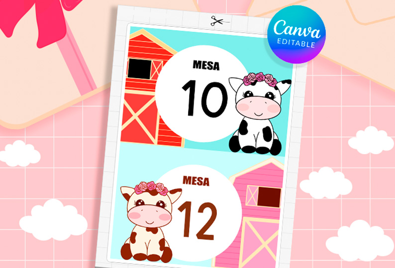 Se muestra la ilustración de una hoja a4 con 2 diseños rectangulares para recortar con dibujos de vaca con el texto "mesa número 10", son letreros imprimibles para mesas.