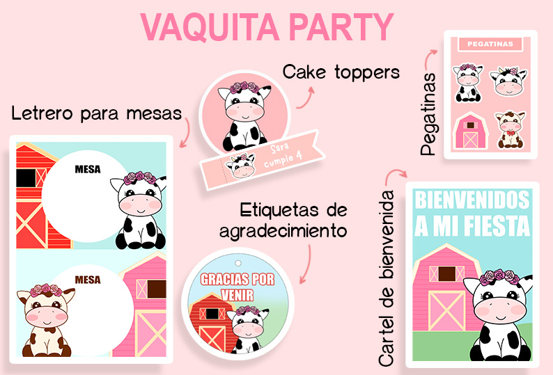 Se muestran varios elementos con sus respectivos nombres, el primer elemento es un letrero de mesa, el segundo dos diseños de adornos de pasteles, el tercero una etiqueta de agradecimiento, el cuarto un set de pegatinas, y el quinto un cartel de bienvenida, todos con diseño de vaca.